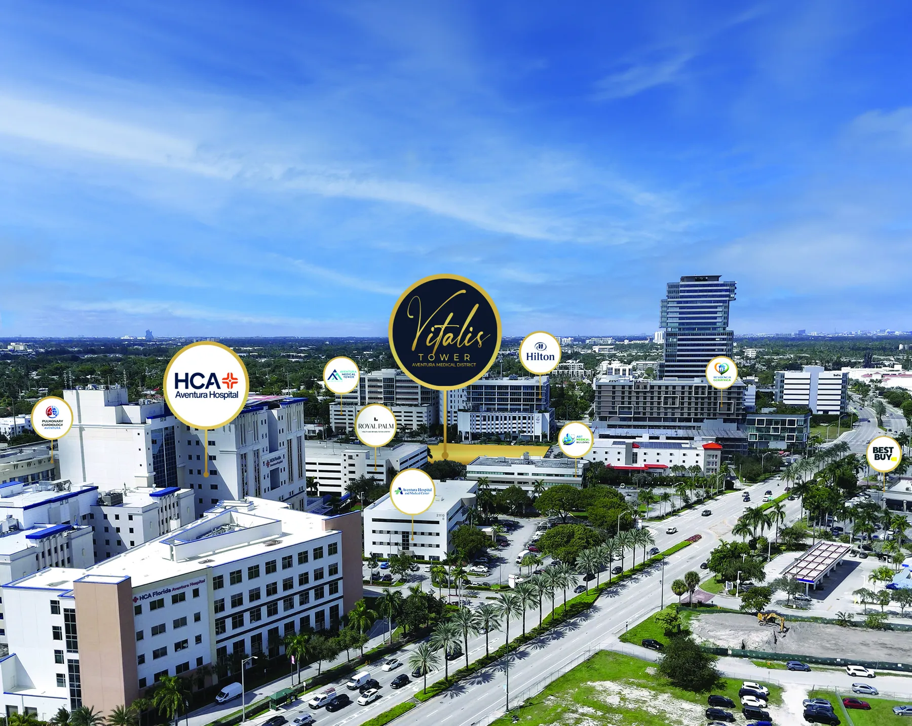 Aerial view of the Aventura Medical District with Vitalis Tower marked