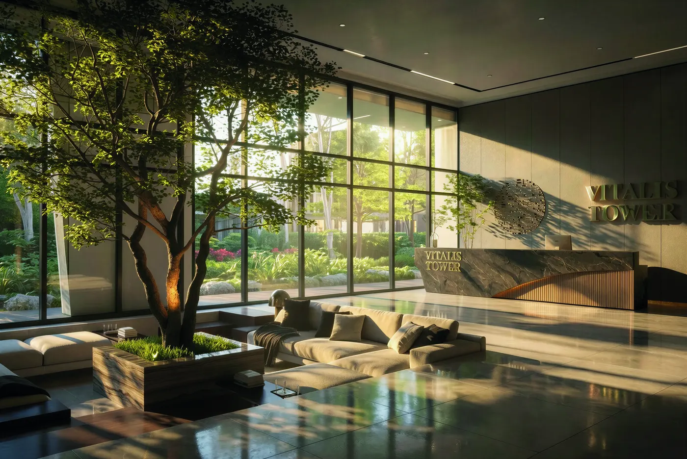 Lobby atrium with landscaped interior — artist's conceptual rendering